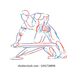 Athletic men pumping up back muscles workout gym bodybuilding - 3d Color line art ( RGB ) vector illustration.