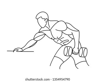 Athletic men pumping up back muscles workout gym bodybuilding - Line art vector illustration.