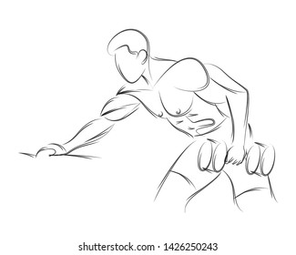 Athletic men pumping up back muscles workout gym bodybuilding - Line Art Design Vector Illustration.