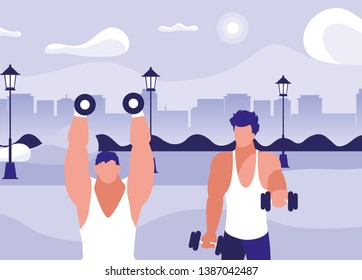 athletic men weight lifting in the park