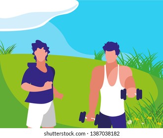 athletic men weight lifting and running in the camp