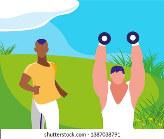 athletic men weight lifting and running in the camp