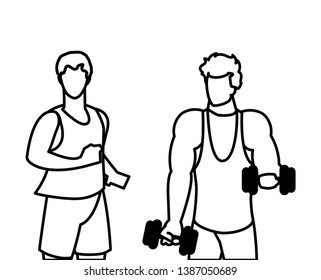 athletic men weight lifting and running