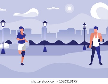 athletic men weight lifting and running in the park vector illustration design
