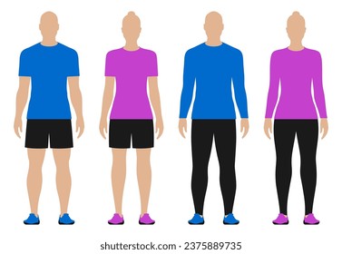 Athletic men and women dressed in long and short sleeve shirts, pants, and shorts, isolated on white background. Vector set of different size clothing.