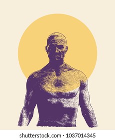 Athletic middle-aged man with a naked torso on the beach. Vector Illustration.