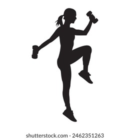Athletic Muscle woman bodybuilder lifting dumbbells Silhouette. Silhouette of a woman in the gym. Exercises with dumbbells.