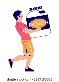 Athletic muscular sportsman character carrying huge protein powder jar pack flat cartoon vector illustration isolated on white background. Sports nutrition and supplement for fitness people