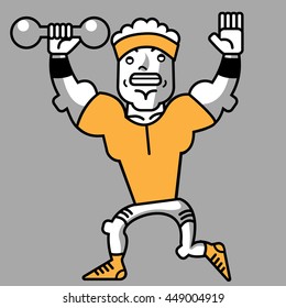 Athletic and muscular sportsman on orange T-shirt with a dumbbells vector