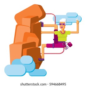 Athletic Old Woman Rock Climbing, Funny Vector Illustration