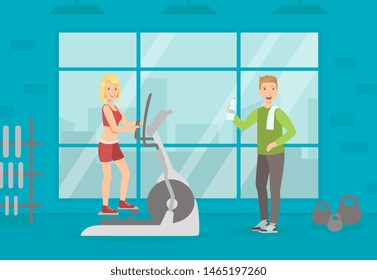 Athletic People Doing Sport Exercises in Gym, Woman Running on Treadmill, Sport Gym Interior with Workout Equipment Vector Illustration