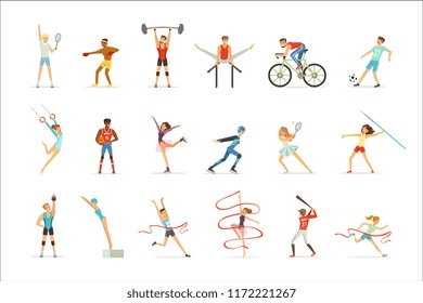 Athletic people doing various kinds of sports, people in gym, sports equipment colorful vector Illustrations