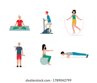 Athletic people exercising fitness at home set of flat vector illustrations isolated on white background. Sport healthy lifestyle, training and wellness concept.