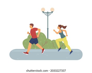 Athletic people keeping fit running in park. Sports training outdoors or in park concept, flat cartoon vector illustration isolated on white background.