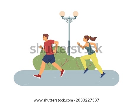 Athletic people keeping fit running in park. Sports training outdoors or in park concept, flat cartoon vector illustration isolated on white background.