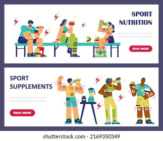 Athletic people making protein shakes, drinking BCAA and eating energy bars - web banners flat vector illustration. Set of posters with cartoon characters before or after gym workout.