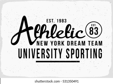 Athletic print in black and white for t shirt or apparel. Retro varsity style graphic with old school typography for fashion and printing. Vintage effects are easily removable.