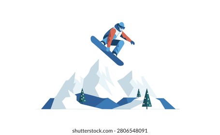 Athletic professional snowboarder performing high jump trick in the air above snowy mountains and winter pine trees.