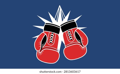 Athletic red boxing gloves clashing together in front of a white impact burst on a solid dark blue background.