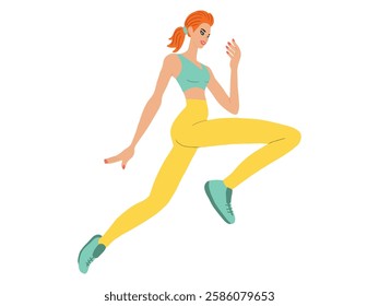 Athletic Redhead Woman Running in Sportswear. Dynamic Fitness Art of Young Female in Motion. Concept of Healthy Lifestyle Cardio Workout Active Training Sport Motivation. Isolated on White background