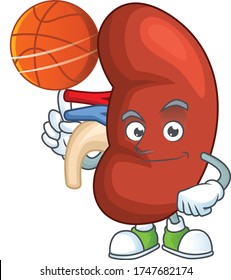 Un diseño atlético de dibujos animados de riñón humano estilo jugar al baloncesto