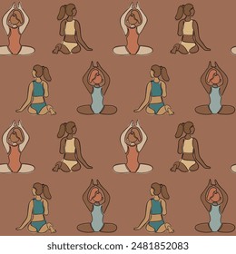 Athletic seamless pattern with diverse women doing yoga in boho style. Vector contour drawings of female bodies doing exercises. Good for background, textile, wrapping paper