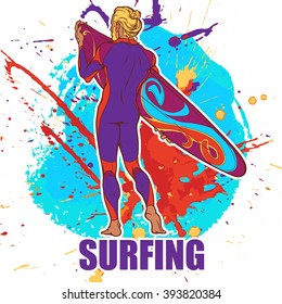 Athletic shaped trendy surfer in a skin-tight suit with surfboard. Back view. Grunge background with paint spots and splashes. EPS10 vector illustration.