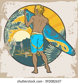 Athletic shaped trendy surfer with surfboard. Back view. Serene sea sunset panorama.  Summer sports poster. Surfing vintage design. Vintage poster. EPS10 vector illustration.