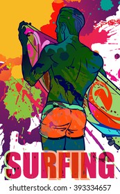 Athletic shaped trendy surfer with surfboard. Back view. Grunge background with paint spots and splashes. Color inversion. EPS10 vector illustration.
