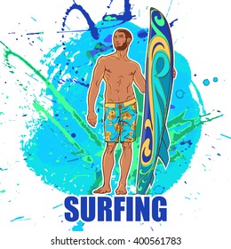 Athletic shaped trendy surfer  with surfboard. Front view. Grunge background with paint spots and splashes. EPS10 vector illustration.