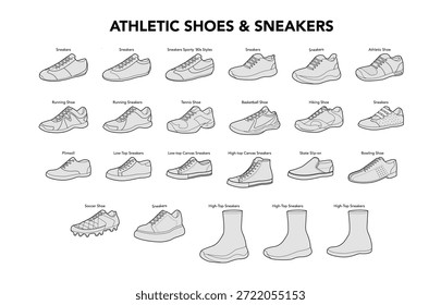 Zapatillas deportivas mega set con diagrama de nombre. Running tenis baloncesto senderismo fútbol plimsoll, lona, entrenador de estiramiento de la parte superior alta. Gráfico de calzado deportivo, maqueta CAD de moda, recurso de Vector.