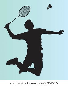 Athletic silhouette of a badminton player jumping to hit shuttlecock with racket in action pose