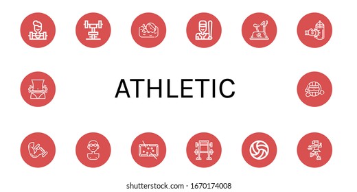 athletic simple icons set. Contains such icons as Weighlifter, Gym, Swimmer, Baseball, Stationary bike, Punching bag, Dumbbell, Pool, Bench press, can be used for web, mobile and logo