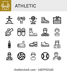 athletic simple icons set. Contains such icons as Hula hoop, Trampoline, Dumbbell, Basketball, Sneakers, Swimming pool, Whistle, Athlete, can be used for web, mobile and logo