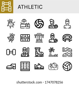 athletic simple icons set. Contains such icons as Weightlifting, Whistle, Swimming pool, Volleyball, Basketball, Swimmer, Hockey pitch, Bench press, can be used for web, mobile and logo