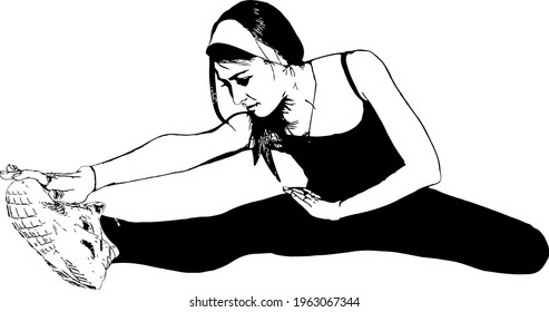 Athletic, slender girl does exercises to stretch the muscles. Vector black and white images