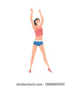 Athletic Slim Woman in Sportswear Standing with Raising Hands Vector Illustration