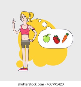 athletic slim woman is thinking about healthy vegetable diet and calories. Woman Fintess characters wearing short leggings and short top. Linear flat design.