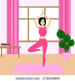 Athletic and slim young woman doing exercises at home. Cartoon characters in a pink sportswear. Healthy lifestyle. Vector stock illustration.