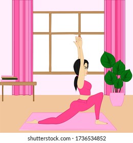Athletic and slim young woman doing exercises at home. Cartoon characters in a pink sportswear. Healthy lifestyle. Vector stock illustration.