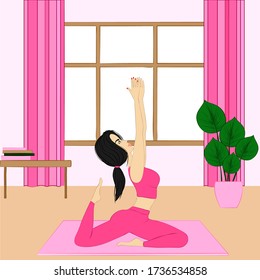 Athletic and slim young woman doing exercises at home. Cartoon characters in a pink sportswear. Healthy lifestyle. Vector stock illustration.