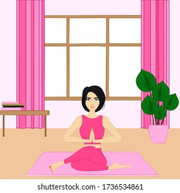 Athletic and slim young woman doing exercises at home. Cartoon characters in a pink sportswear. Healthy lifestyle. Vector stock illustration.