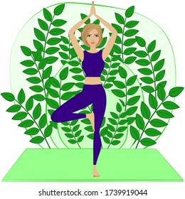 Athletic and slim young woman doing exercises on the mat. Cartoon characters in a pink sportswear. Healthy lifestyle. Background with green leaves. Vector stock illustration.