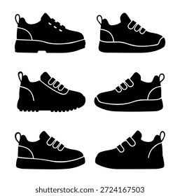 Athletic Sneaker Collection Silhouette Set, Six Different Sport Shoe Profiles, Minimalist Footwear Icons for Gym Running and Active Lifestyle Vector Illustration