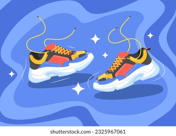 Athletic sneakers art. Pair fashion sneaker for run fitness trainer, sport shoe healthy marathon banner design authentic footwear basketball style t-shirt print vector illustration