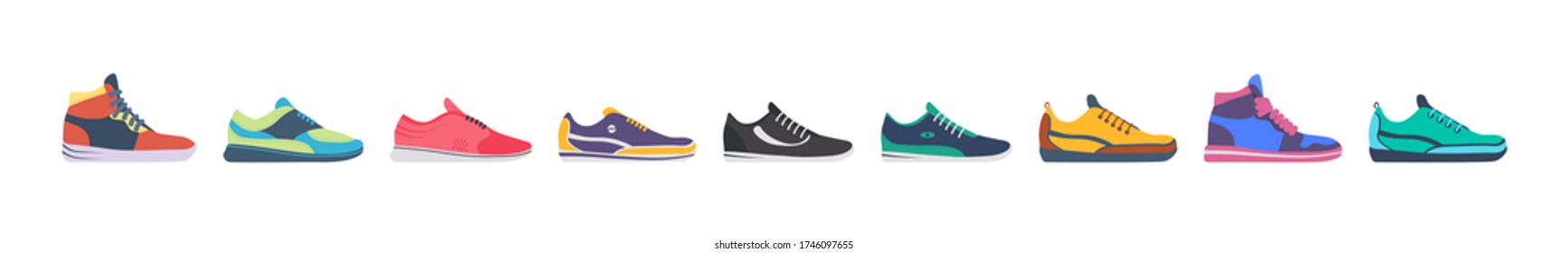 Senderos deportivos, colección de calzado de la tienda deportiva de fitness sobre fondo blanco. zapato de zapatillas. Juego de zapatos deportivos para entrenamiento, correr. Ilustración vectorial en diseño plano, eps 10.  