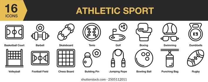 Athletic Sport icon set. Includes barbell, basketball court, bowling ball, boxing, bowling pin, chess board, and More. Outline icons vector collection.