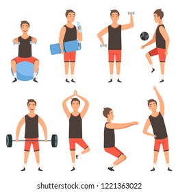 Athletic sport man. Gym male fitness character standing in action poses workout training vector mascot. Illustration of sportsman power with barbell, trainer athlet