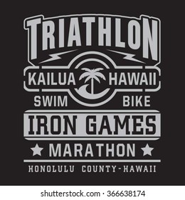 Athletic sport triathlon Hawaii typography, t-shirt graphics, vectors