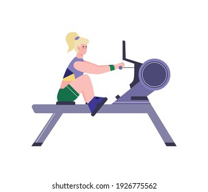 Athletic sport woman doing chest and arms strengthening exercises with special gym trainer, flat cartoon vector illustration isolated on white background.